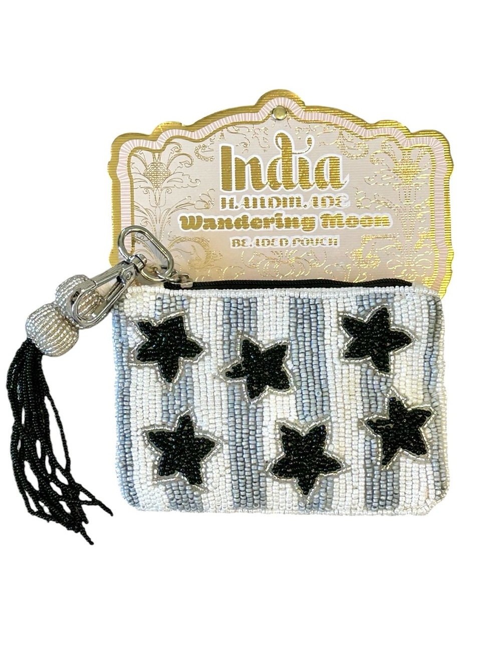 India Handmade Wandering Moon Beaded Travel Coin Blue White Stars Tassel NWT NEW